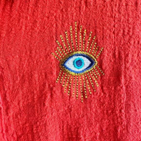 LIFE Evil Eye Embroidered Crop Top Red Collared Button Front Short Sleeve Sz L - Picture 2 of 5